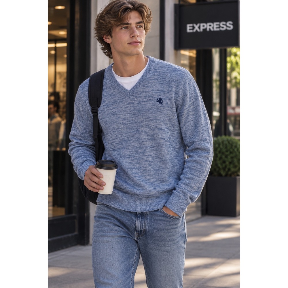 Express Mens V-Neck Sweater Blue Marl 100% Cotton Lion Logo Pullover XL